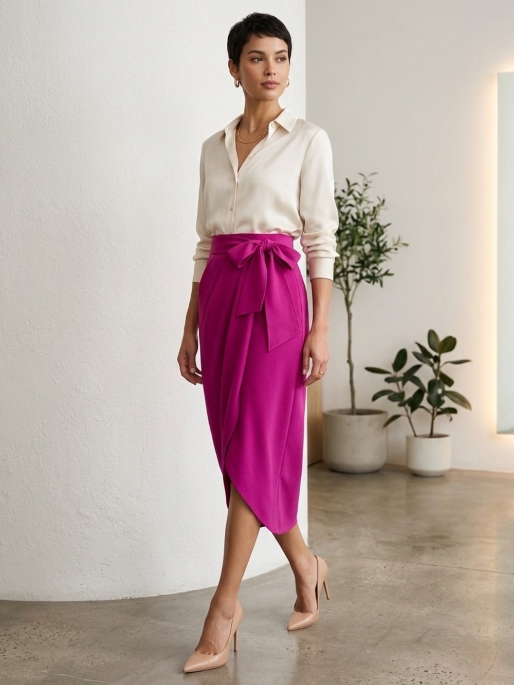 Retro Fuchsia Pink Pleated Wrap Midi Skirt Tie Waist Slit Sarong S